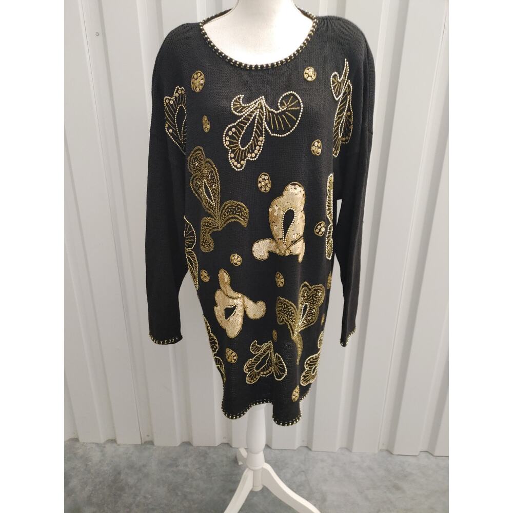 Vintage JK America 90s Sweater Sequin Embellished Black Gold Ramie 18/20